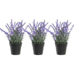 Items Lavendel bloemen kunstplant in bloempot - 3x - paarse bloemen - 15 x 27 cm - bloemstukje - Kunstplanten