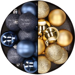 24x stuks kunststof kerstballen mix van donkerblauw en goud 6 cm - Kerstbal