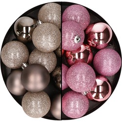 24x stuks kunststof kerstballen mix van champagne en roze 6 cm - Kerstbal