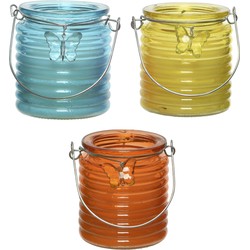 Citronella kaars - in windlicht - 3x - blauw/geel en oranje - 20 branduren - citrusgeur - geurkaarsen