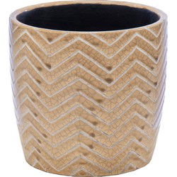 Mega Collections Plantenpot - keramiek - taupe/bruin - visgraat motief - D13.5 x H12.5 cm - Plantenpotten
