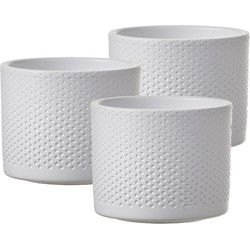 Mica Decorations Bloempot - 3x - wit - relief - keramiek - 12 x 10 cm - Plantenpotten