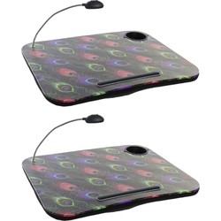 2x stuks schootkussens/laptrays met LED verlichting 48 x 38 cm gekleurde pauwenveren print - Dienbladen