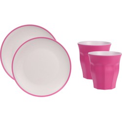 12-delige serviesset onbreekbare kunststof/melamine roze ontbijt bordjes/bekers - Campingborden