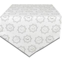 Clayre & Eef Tafelloper 50x160 cm Wit Grijs Katoen Rechthoek Hond Tafelkleed