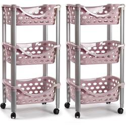 Set van 2x keukentrolley/roltafel 3 laags kunststof roze 40 x 65 cm - Opberg trolley