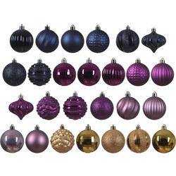 Decoris gedecoreerde kerstballen - 30x -plastic -blauw/goud/paars- 7cm - Kerstbal