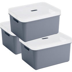 3x Sunware opbergbox/mand 32 liter donkerblauw kunststof met transparante deksel - Opbergbox