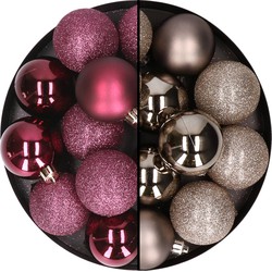 24x stuks kunststof kerstballen mix van aubergine en champagne 6 cm - Kerstbal