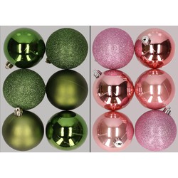 12x stuks kunststof kerstballen mix van appelgroen en roze 8 cm - Kerstbal