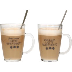 Excellent Houseware Latte macchiato glazen set - 2x - incl. lepels - glas - 300 ml - koffie glazen - Koffie- en theeglazen