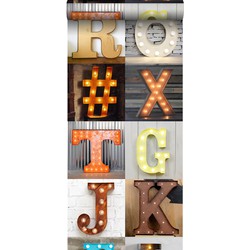ESTAhome XXL behang houten marquee letters oranje, beige, grijs, rood en blauw - 50 x 900 cm - 158816