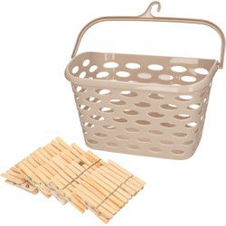 Wasknijpersmandje met haak - beige - en 100x houten wasknijpers 7 cm - Knijpers