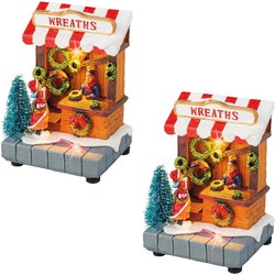 2x stuks kerstdorp kersthuisjes kransen winkeltjes met verlichting 8 x 11 cm - Kerstdorpen