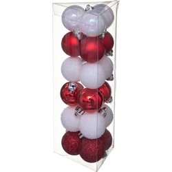 18x stuks kerstballen wit/rood glans en mat kunststof 3 cm - Kerstbal