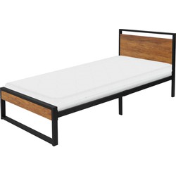 Metalen bed 90x200 cm incl. matras H:16cm zwart/bruin bedframe met houten hoofdbord & voeteneind ML design