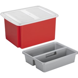 Sunware opslagbox kunststof 32 liter rood 45 x 36 x 24 cm met deksel en organiser tray - Opbergbox