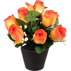 Louis Maes Kunstbloemen klein boeketje rozen in pot - oranje - H25 cm - Bloemstuk - Bladgroen - Kunstbloemen