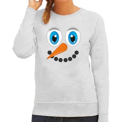 Bellatio Decorations foute kersttrui/sweater dames - Sneeuwpop gezicht - lichtgrijs - Kerstdiner XL - kerst truien