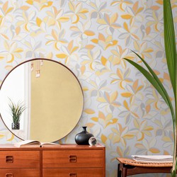 Livingwalls behang bloemmotief oranje, grijs, geel en zilver - 53 cm x 10,05 m - AS-389084