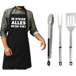 BBQ/barbecue gereedschap set 3-delig RVS met zwart schort Ik steak alles in de fik! - Barbecuegereedschapset