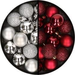 34x stuks kunststof kerstballen zilver en donkerrood 3 cm - Kerstbal