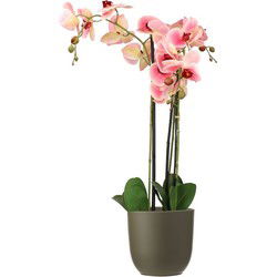 Orchidee kunstplant roze - 75 cm - inclusief bloempot olijfgroen mat - Kunstplanten