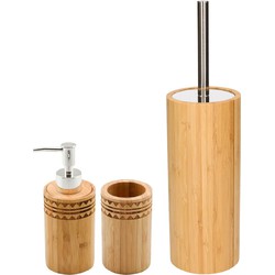 WC/Toiletborstel met houder 37 cm en zeeppompje/beker bamboe hout - Badkameraccessoireset