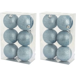 24x stuks kunststof glitter kerstballen ijsblauw 8 cm - Kerstbal