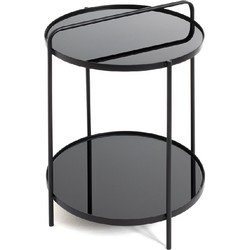 Bijzettafel - Ronde tafel - Zwart glas - Zwart gelakt staal - 38Ø x 51 cm