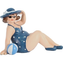 Home decoratie beeldje dikke dame zittend - donkerblauw badpak - 17 cm - Beeldjes