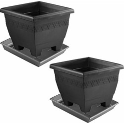 2x stuks antraciet grijze plantenbakken/bloembakken met onderschaal 30 x 30 x 23.5 cm - Plantenpotten