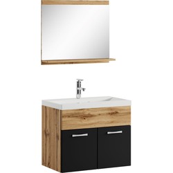 Badplaats Badkamermeubel Montreal Set 02 60 x 35 cm - Eiken met Zwart - Badmeubel met Spiegel
