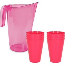 8x kunststof drinkbekers 430 ML met schenkkan set roze van 1.75 liter - Schenkkannen