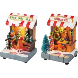Set van 2x stuks Kerstdorp kerstbomen winkeltje en kransen winkeltje met verlichting 11 cm - Kerstdorpen