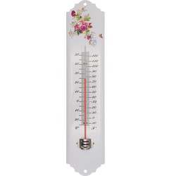 Muurthermometer metaal wit bloemen 30x6,5x1 cm