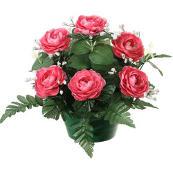 Louis Maes Kunstbloemen plantje in pot - roze - 25 cm - Bloemstuk ornament - rozen met bladgroen - Kunstbloemen