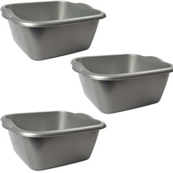 3x Rechthoekig afwasteiltje/emmertje zilver 3 liter 25 x 10 cm schoonmaakartikelen - Afwasbak