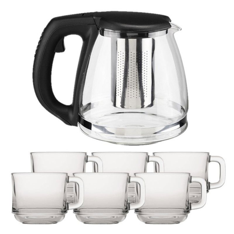 Glazen theepot met filter/infuser van 1,2 liter met 6x stuks theeglazen van 220 ml - Theepotten - 