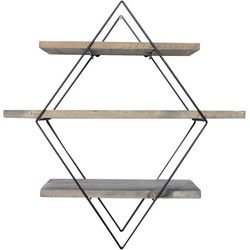 Wandplank in ruitvorm van zwart metaal en massief hout L60 cm