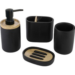 Decopatent® Badkamerset 4 Delig - Toiletaccessoires Set - Kunsstof - Zeeppompje - Tandenborstelhouder - Zeepschaal - Beker - Zwart