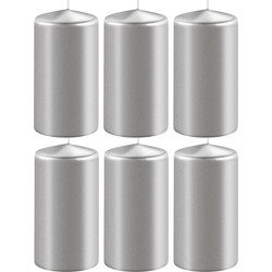 6x Kaarsen metallic zilver 6 x 10 cm 36 branduren sfeerkaarsen - Stompkaarsen