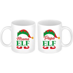 Set van 2x mokken Pappa en Mama Elf koffiemok / theebeker kerstcadeau ouders 300 ml - Bekers