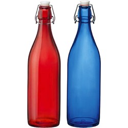 Giara decoratie of weckflessen met beugeldop 30 cm van 1 liter blauw en rood - Waterflessen