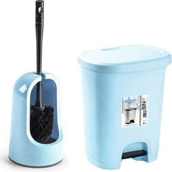 WC-/toiletborstel en houder - lichtblauw - met kleine pedaalemmer 8L - Badkameraccessoireset