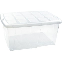 1x Opslagbakken/organizers met deksel 60 liter 63 x 46 x 32 transparant/wit - Opbergbox