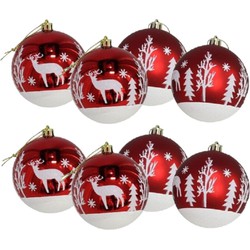 8x stuks gedecoreerde kerstballen rood kunststof 8 cm - Kerstbal