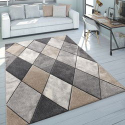 Laagpolig Vloerkleed Lareva - Geruit Design - Beige - 200x290 cm