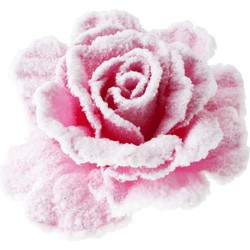 Roze decoratie rozen sneeuw op clip 10 cm - Feestdecoratievoorwerp
