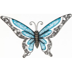 Anna's Collection Wanddecoratie vlinder - blauw - 49 x 28 cm - metaal - muurdecoratie/schutting - Tuinbeelden